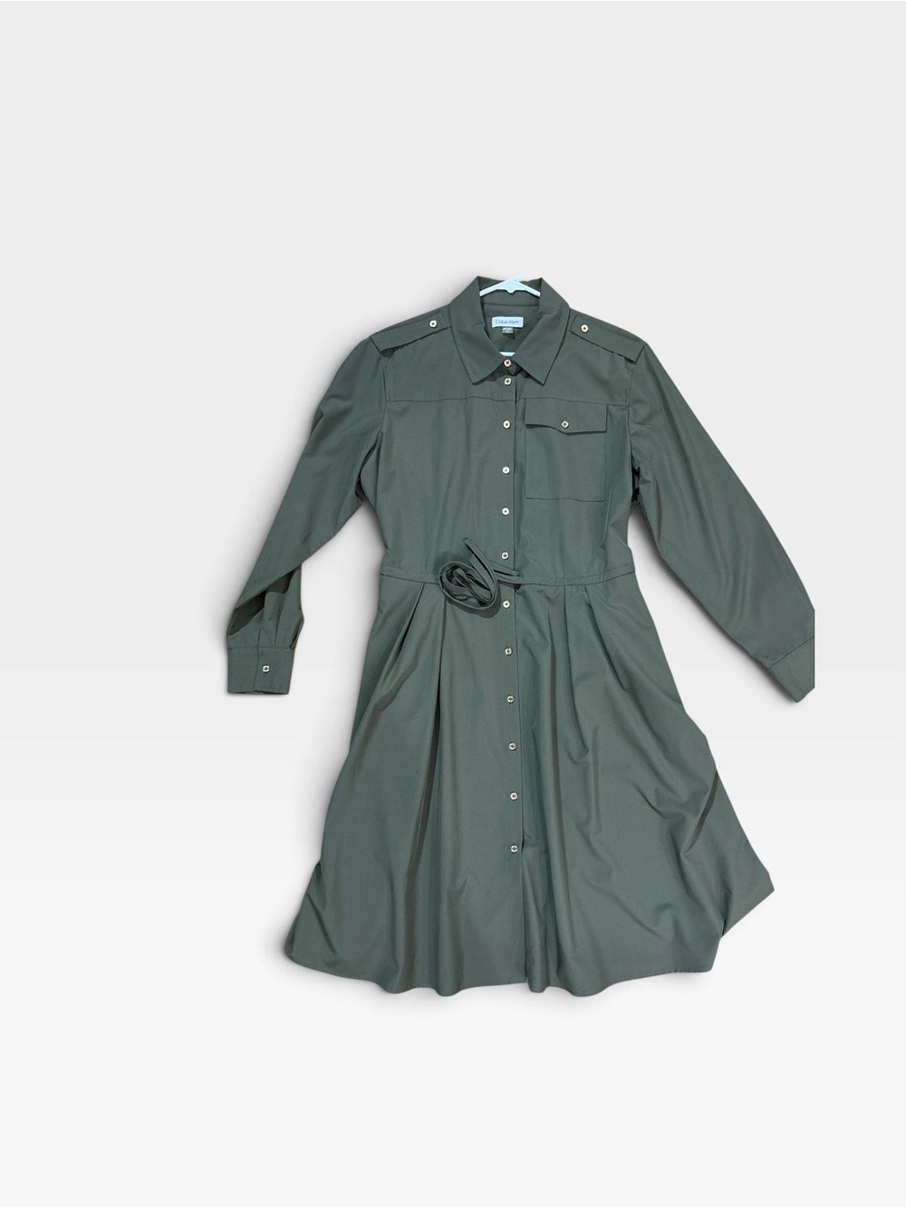 Calvin Klein Womens 14 Olive Utility Shirt Dress Belted Button Front Midi Safari